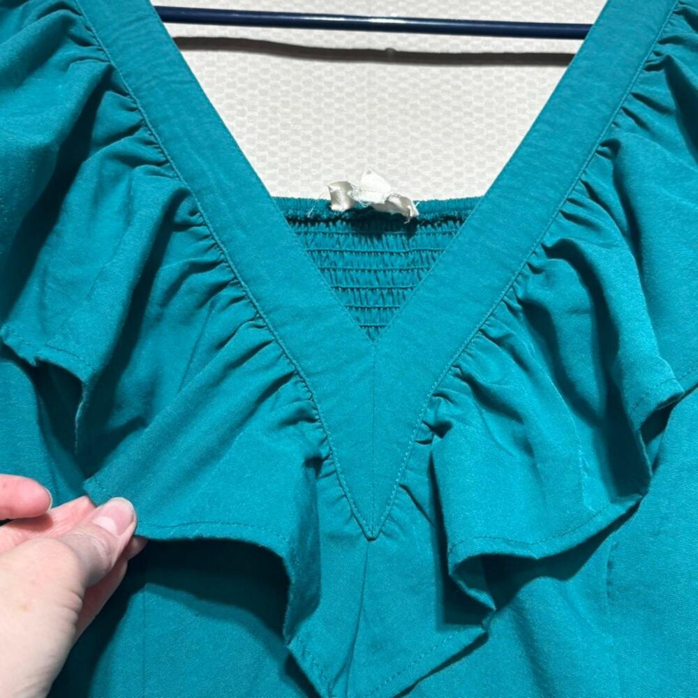 Entro Teal Green Ruffle Mini Dress Medium Flutter Sleeve Smocked Tiered Boho - Picture 4 of 10